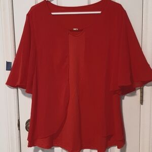 Red Blouse with sheer flared sleeves and sheer over layer